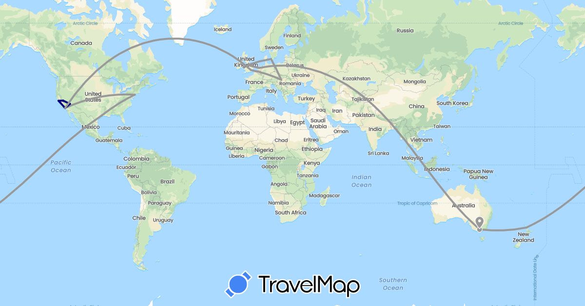 TravelMap itinerary: driving, plane in Australia, Denmark, United Kingdom, Hungary, Netherlands, New Zealand, United States (Europe, North America, Oceania)